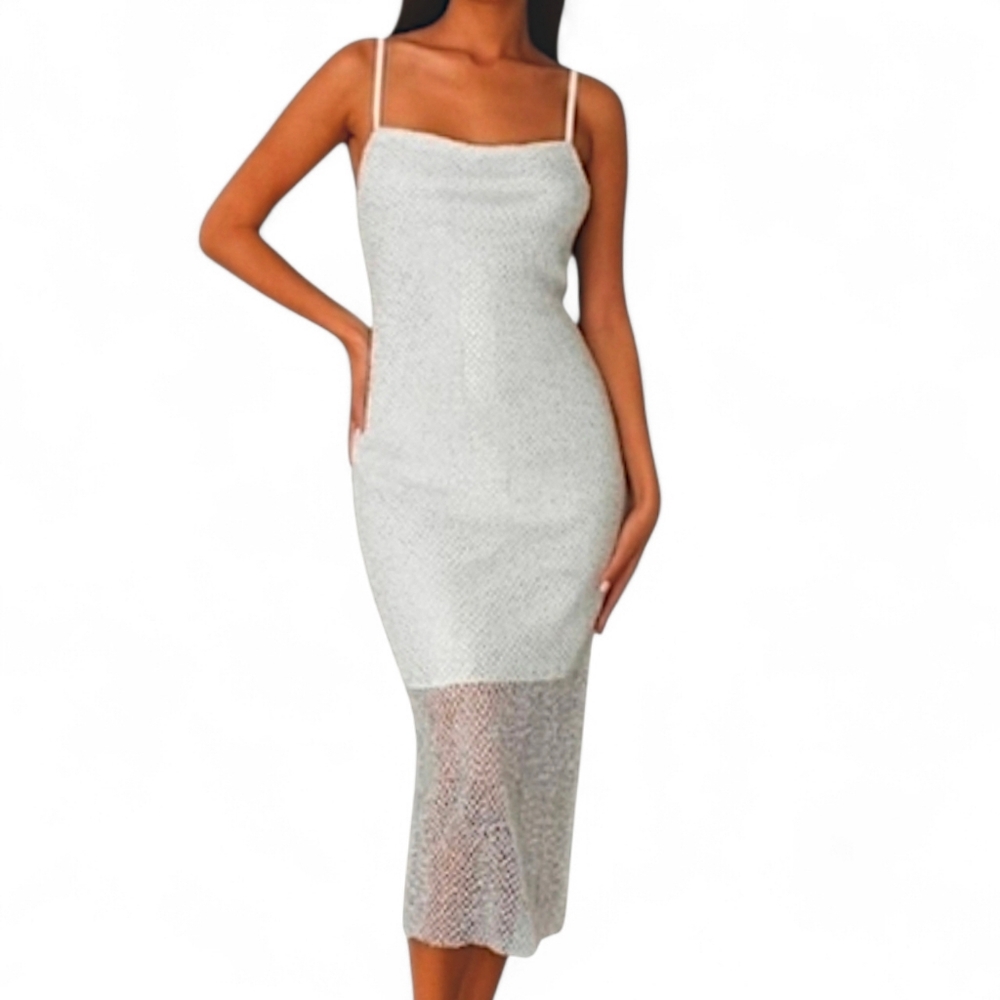 Lulus Fishnet Rhinestone Bodycon Midi Dress‎ Size XS NEW